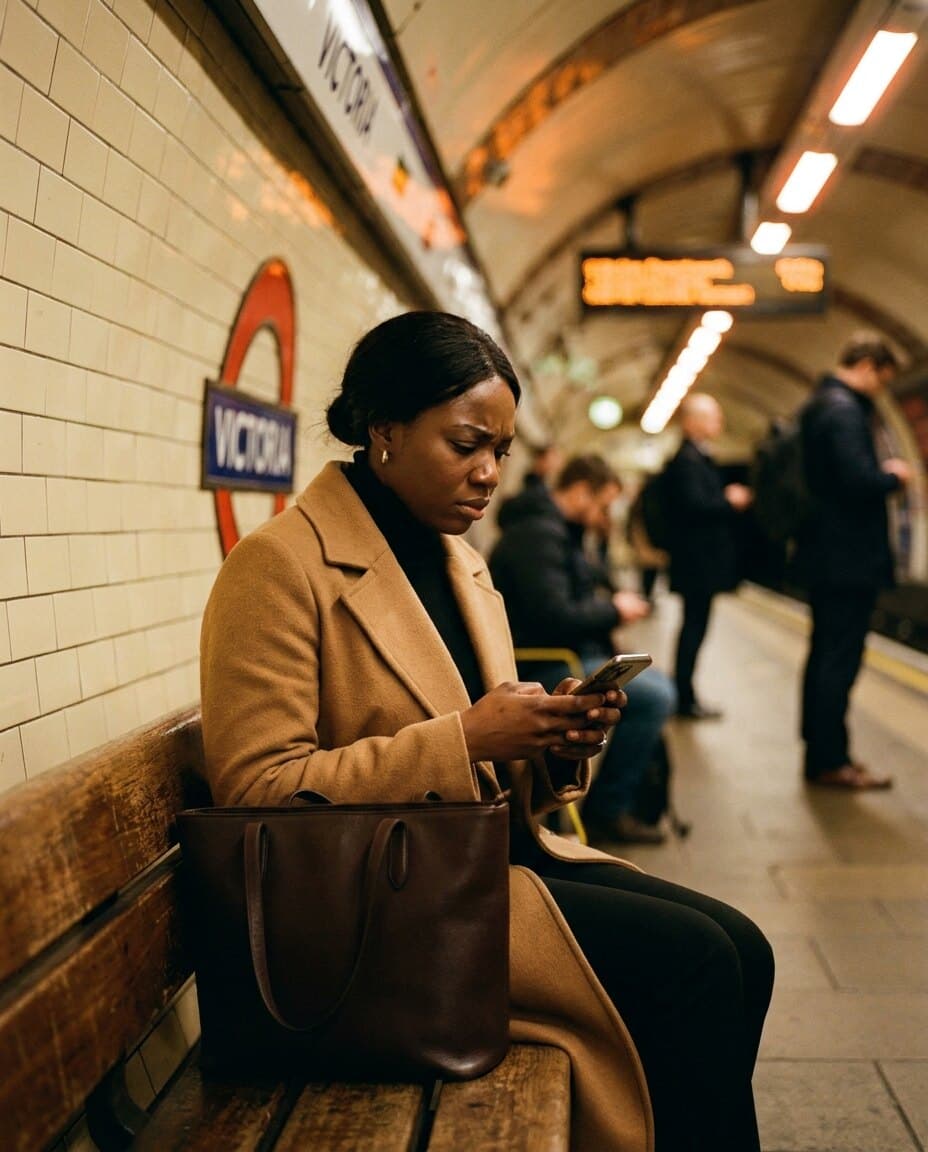 A young Black British woman in a camel coat sitting on a London Underground bench checking her phone — for UK earners £50k+ who feel broke