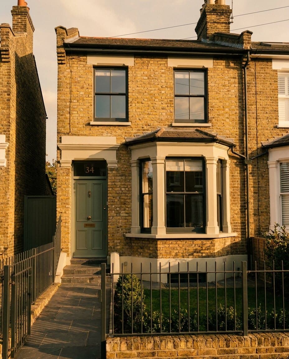 The facade of a Victorian London terraced house at golden hour, sage green front door with brass numbers — for UK first-time buyers
